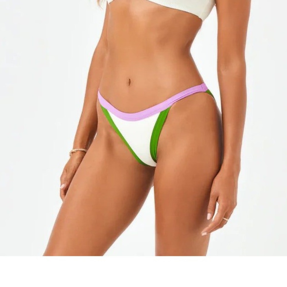 L*Space Vacay Bikini Bottom Cream Purple Green Ribbed Colorblock RHVAC20 Size S
